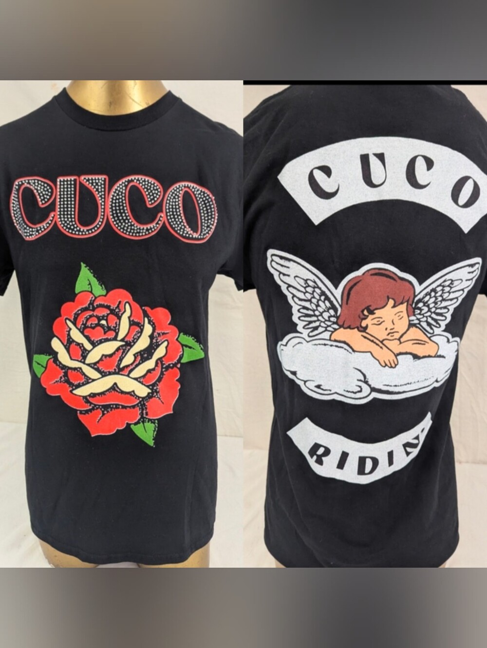 CUCO Women's Black Tee Rhineston Logo/Rose Front Angel Back Medium**